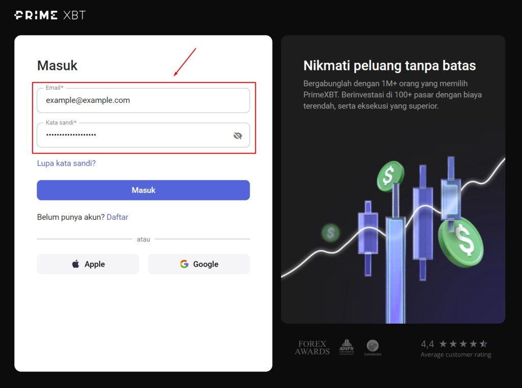 Kredensial login PrimeXBT.