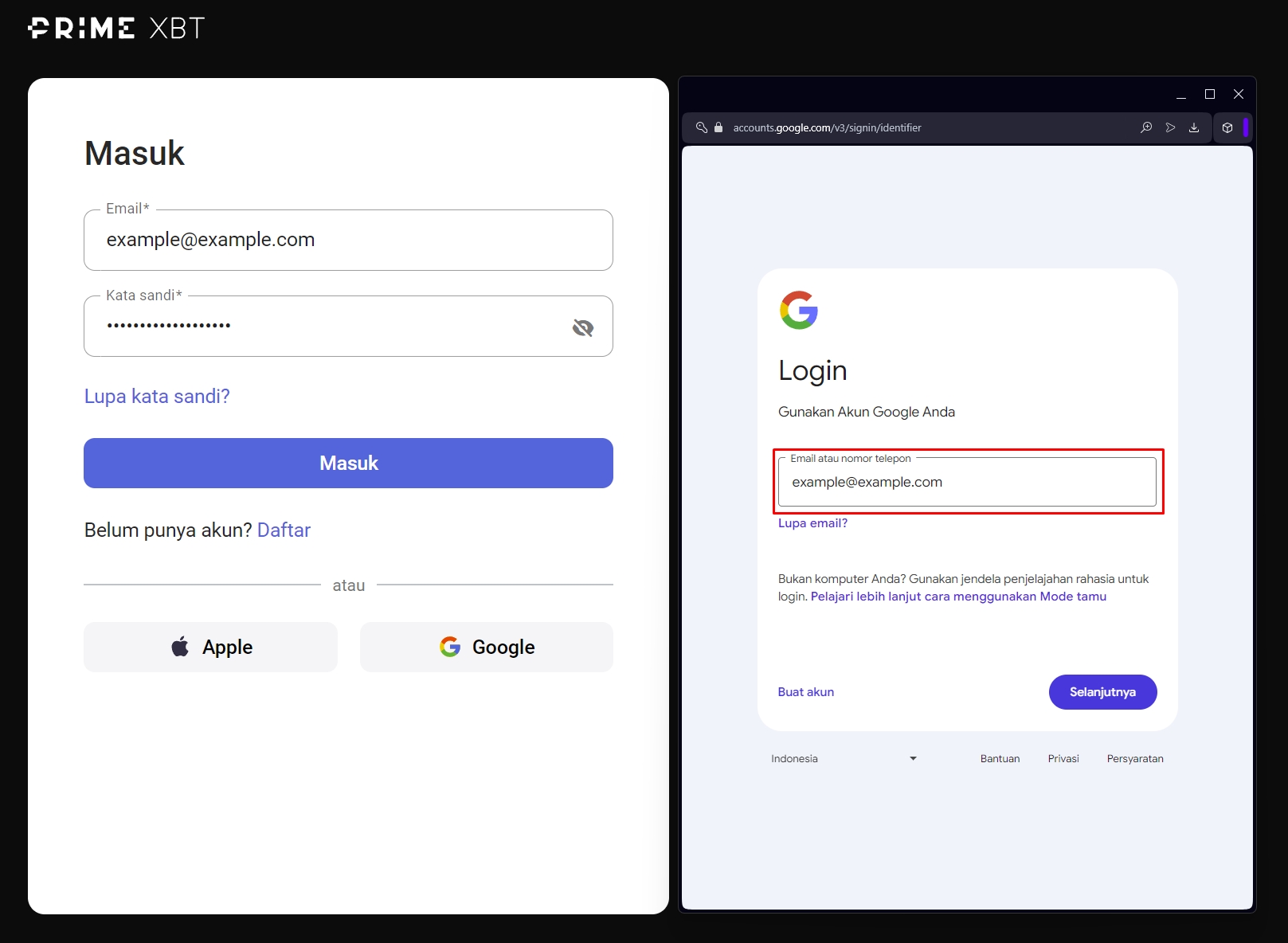 Login PrimeXBT melalui akun Google.