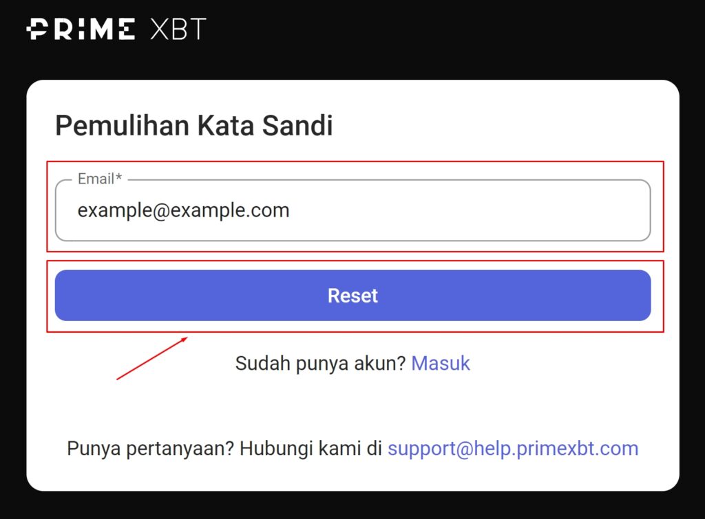 Pemulihan password PrimeXBT.